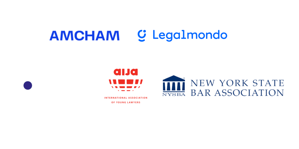 Logo dos parceiros FVA: Amcham, Legalmondo, Insol Europe, AIJA, NYSBA